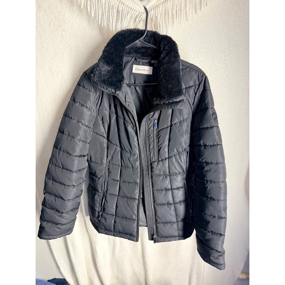 Calvin Klein Womens Black‎ Quilted Puffer Jacket Faux Fur Collar Size M